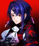  1boy alcryst_(fire_emblem) armor ascot blue_hair closed_mouth fire_emblem fire_emblem_engage hair_between_eyes hair_ornament hairclip high_collar highres looking_at_viewer portrait red_background red_eyes short_hair solo sturm_fe_k11 white_ascot 
