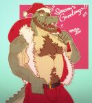  2020 absurd_res anthro beard belt body_hair bottomwear brown_eyebrows bulge carrying_over_shoulder chest_hair christmas christmas_clothing christmas_headwear clothing countershading crocodile crocodilian crocodylid dated eyebrows facial_hair facial_scar green_body green_scales hand_on_belt hat headgear headwear hi_res holding_bag holding_object holidays looking_at_viewer male musclegut nipple_piercing nipple_ring nipples non-mammal_hair non-mammal_nipples open_mouth pants piercing pubes red_bag red_bottomwear red_clothing red_pants reptile ring_piercing santa_hat scales scalie scar sharp_teeth signature solo tail tail_ridge tan_body teeth thrastor_(xeoniios) vein veiny_muscles xeoniios 