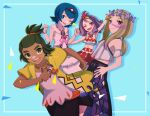  1boy 3girls ;d acerola_(pokemon) acerola_(sygna_suit)_(pokemon) aqua_background arm_up aroma_0404 blonde_hair blue_hair bracelet bright_pupils brown_eyes clenched_hands closed_mouth commentary_request dark-skinned_male dark_skin dress eyelashes framed hairband hands_up hau_(pokemon) hau_(sygna_suit)_(pokemon) highres jacket jewelry lana_(pokemon) lana_(sygna_suit)_(pokemon) long_hair mina_(pokemon) mina_(sygna_suit)_(pokemon) multiple_girls necklace official_alternate_costume one_eye_closed open_clothes open_jacket open_mouth pokemon pokemon_(game) pokemon_masters_ex ponytail purple_skirt red_skirt shirt skirt smile w_arms white_pupils yellow_jacket 