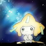  closed_mouth commentary_request green_eyes hands_up highres jirachi night night_sky no_humans outdoors pokemon pokemon_(creature) signature sky smile sofra solo standing twitter_username 