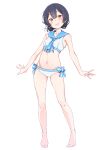  1girl alternate_costume bare_legs barefoot blue_hair blush breasts dark_blue_hair eitopondo full_body hair_bun head_tilt highres idolmaster idolmaster_shiny_colors looking_at_viewer morino_rinze navel outstretched_arms red_eyes sailor_bikini sailor_collar sailor_swimsuit_(idolmaster) single_side_bun small_breasts smile solo stomach toes 