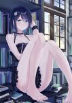  1girl absurdres bare_legs barefoot black_dress blue_eyes blush bookshelf choker clothes_between_thighs dress feet flower frilled_dress frills green_eyes hair_flower hair_ornament highres indoors long_hair meen_(ouaughikepdvrsf) original sitting solo toenails toes window 