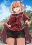  1girl absurdres artist_name black_shorts blonde_hair blue_ribbon blue_sky bob_cut cloud cloudy_sky collared_shirt commentary cowboy_shot day dress frown glaring grey_dress hair_ribbon highres lifted_by_self looking_at_viewer lycoris_recoil lycoris_uniform neck_ribbon nishikigi_chisato open_mouth outdoors pleated_dress red_eyes red_ribbon ribbon shirt short_dress short_hair short_shorts short_sleeves shorts shorts_under_dress signature sky solo standing twitter_username two-tone_dress yomo 