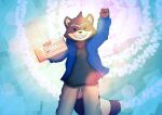 ambiguous_gender anthro blue_bottomwear blue_clothing blue_jacket blue_pants blue_topwear bottomwear brown_body brown_fur chillhop chillhop_raccoon chillhop_records clothing colorful colorful_background drayventhal electronic_musical_instrument fist_pump fur jacket mammal musical_instrument pants procyonid raccoon roland_corporation smile solo synthesizer topwear 