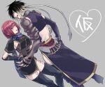  1boy 1girl albel_nox black_thighhighs blonde_hair breasts gloves grel_(r6hgvu5) leg_tattoo long_scarf multicolored_hair nel_zelpher open_mouth purple_eyes red_hair scarf short_hair short_sword sideboob simple_background skirt star_ocean star_ocean_till_the_end_of_time striped striped_scarf sword tattoo thighhighs weapon 