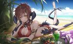  1girl au_ra beach beach_towel bikini blush breasts brown_hair cleavage closed_mouth cloud commentary commission cup day dragon_girl dragon_horns dragon_tail drink drinking_straw final_fantasy final_fantasy_xiv food full_body head_rest highres horns ice_cream jewelry looking_at_viewer lying medium_breasts messy_hair metatarou necklace ocean on_stomach outdoors pixie_cut red_bikini scales short_hair skeb_commission smile solo swimsuit tail towel tree warrior_of_light_(ff14) yellow_eyes 