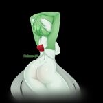  1:1 absurd_res black_background blush breasts butt female gardevoir generation_3_pokemon green_body green_hair hair hi_res holaxes humanoid nintendo nude pokemon pokemon_(species) rear_view simple_background sketch solo tasteful_nudity watermark white_body 