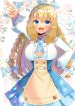  1girl :d arm_up blonde_hair blue_eyes blue_flower blue_ribbon blue_rose blue_sky blush braid breasts collared_shirt commentary_request commission crown_braid diagonal_stripes floral_background flower hair_between_eyes hair_ribbon isla_coleman kou_hiyoyo large_breasts long_hair long_sleeves outstretched_arm pink_flower pink_rose pleated_skirt production_kawaii puffy_long_sleeves puffy_sleeves ribbon rose shirt skeb_commission skirt sky smile solo striped striped_background twin_braids very_long_hair virtual_youtuber white_background white_flower white_ribbon white_rose white_shirt 