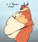  2019 anthro antlers belly belly_overhang big_belly blue_background butt clothing deer digital_media_(artwork) fur hair harness hi_res horn male mammal moobs morbidly_obese morbidly_obese_anthro morbidly_obese_male nude obese obese_anthro obese_male overweight overweight_anthro overweight_male ray_the_buck side_view simple_background solo sugarboy tail text thick_thighs 