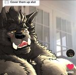  &lt;3 2022 69_(number) anthro black_hair black_nipples blush body_hair canid canine canis chest_hair counter cover_them_up_slut english_text facial_scar fur grey_body grey_fur hair kouya_wulfhardt male mammal meme message_box nipples number rujirublkdragon scar sharp_teeth shirtless social_media solo teeth text tiktok titandraugen tongue tongue_out tusks wolf yellow_eyes 