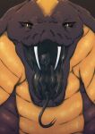  ambiguous_gender black_sclera black_tongue brown_background brown_body forked_tongue front_view hi_res lionfloof looking_at_viewer mouth_shot open_mouth pupils reptile scales scalie sharp_teeth simple_background slit_pupils snake solo teeth tongue tongue_out yellow_body yellow_eyes yellow_scales 