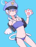 1girl absurdres animal_ears animal_hands bikini black_vest blue_archive blue_background blue_bikini blue_hair breasts cat_ears cat_paws cat_tail chuo8008 collarbone facing_viewer gloves groin hair_over_eyes hat highres navel paw_gloves peaked_cap side-tie_bikini_bottom simple_background small_breasts solo stomach string_bikini swimsuit tail twintails valkyrie_police_academy_student_(blue_archive) vest 