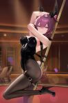  1girl belt black_pantyhose black_thighhighs breasts cue_stick high_heels honkai:_star_rail honkai_(series) kafka_(honkai:_star_rail) karsa large_breasts looking_at_viewer pantyhose playboy_bunny purple_hair solo spotlight thigh_belt thigh_strap thighhighs 