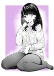  1girl aran_sweater cable_knit commentary_request full_body greyscale_with_colored_background gridman_universe hand_up highres long_hair long_sleeves looking_at_viewer monochrome mushi024 pantyhose parted_lips purple_background sitting smile solo ssss.gridman sweater takarada_rikka wariza 