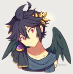  1boy angel angel_wings black_hair black_wings collarbone dark_pit feathered_wings grey_background head_tilt kid_icarus kid_icarus_uprising laurel_crown looking_at_viewer male_focus red_eyes simple_background solo twitter_username upper_body wings wusagi2 