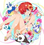  bikini blue_eyes blush breasts father_and_daughter feet flower hair_flower hair_ornament happy highres legs multicolored_flower one_eye_closed panda ranma-chan ranma_1/2 saotome_genma_(panda) smile swimsuit teeth v variations yasou1010 