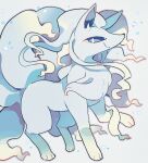  akadako alolan_ninetales animal_focus bags_under_eyes blue_eyes blue_hair blue_theme bright_pupils closed_mouth commentary full_body grey_background grey_outline happy long_hair multiple_tails neck_fur no_humans one-hour_drawing_challenge pokemon pokemon_(creature) simple_background smile solo standing tail white_pupils 