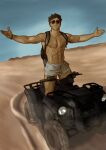  1boy abs absurdres all-terrain_vehicle alternate_body_size backpack bag bara blue_sky brown_hair desert glasses haikyuu!! highres iwaizumi_hajime male_focus motor_vehicle opaque_glasses outstretched_arms pectorals photo-referenced shorts simonsuke sky spread_arms sunglasses white_shorts 