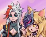  1boy 1girl ahri_(league_of_legends) animal_ears blonde_hair blue_eyes closed_mouth earrings facial_mark fang fox_ears fox_girl heartsteel_yone jacket jewelry k/da_(league_of_legends) k/da_ahri league_of_legends long_hair looking_at_another looking_at_viewer mask multicolored_hair official_alternate_costume official_alternate_hairstyle open_mouth red_hair sidelocks streaked_hair upper_body whisker_markings white_hair yellow_eyes yone_(league_of_legends) 