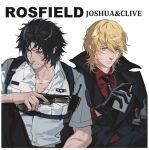  2boys black_hair black_vest blonde_hair blue_eyes clive_rosfield final_fantasy final_fantasy_xvi gloves gun joshua_rosfield male_focus multiple_boys police red_shirt scar scar_on_face shirt smoking teardrop_earrings vest weapon white_shirt zastz 