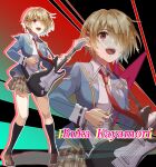  1girl :d aya_(0707) black_socks blonde_hair blue_jacket brown_footwear brown_skirt character_name collared_shirt commentary_request eyelashes full_body glint guitar hair_ornament hair_over_one_eye hairclip heaven_burns_red highres holding holding_instrument holding_plectrum instrument jacket kayamori_ruka kneehighs loafers long_sleeves looking_up miniskirt necktie one_eye_covered open_clothes open_jacket open_mouth plaid plaid_skirt pleated_skirt plectrum red_necktie school_uniform shirt shoes short_hair skirt smile socks solo standing sweat teeth upper_teeth_only upturned_eyes white_shirt 