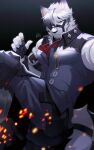  1boy animal_ears bara black_pants black_vest eyepatch fingerless_gloves furry furry_male gloves gradient_background hachi_duchi highres male_focus one_eye_covered pants red_eyes shirt sparks tail vest von_lycaon white_shirt wolf_boy wolf_ears wolf_tail zenless_zone_zero 
