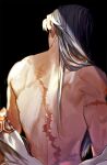  197_369 1boy back back_focus black_background clothes_down facial_mark facing_to_the_side from_behind hair_over_shoulder highres inuyasha japanese_clothes kimono kimono_pull long_hair male_focus scar scar_on_arm scar_on_back sesshoumaru simple_background solo toned toned_male topless_male white_kimono 