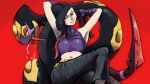  1girl arms_behind_back black_hair breasts colored_sclera commentary_request crop_top fangs forked_tongue gloves grin highres kaeru_boiler long_hair looking_at_viewer lucy_(pokemon) midriff navel pokemon pokemon_(creature) pokemon_(game) pokemon_emerald pokemon_rse purple_gloves red_background red_eyes red_sclera seviper smile tail tongue 