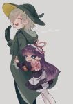  1boy 1girl absurdres bangs black_dress blush closed_eyes dress feli_(puyopuyo) gloves green_gloves green_headwear grey_background grey_hair hat highres lemres_(puyopuyo) long_hair looking_at_viewer purple_hair puyopuyo red_ribbon ribbon superbeautyhinatachan wizard_hat 