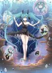  1girl absurdres aqua_hair barefoot black_dress black_ribbon blue_eyes blush breasts bubble cleavage closed_mouth cloud cloudy_sky dress eesuke_(shin1athke) feet floating hair_ribbon hatsune_miku highres long_hair ponytail ribbon sky solo solo_focus vocaloid water_drop 