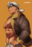  1boy abs alternate_muscle_size bara bare_pectorals belt belt_buckle brown_belt brown_jacket buckle closed_mouth cowboy_shot dark-skinned_male dark_skin friede_(pokemon) goggles goggles_on_head highres jacket large_pectorals long_sideburns long_sleeves looking_at_viewer looking_to_the_side male_focus muscular muscular_male navel_hair no_shirt open_clothes open_jacket pants pectorals pokemon pokemon_(anime) pokemon_horizons ponytail ruisselait sideburns textless_version thick_eyebrows yellow_eyes 