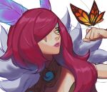  1girl animal blue_hair bug butterfly clenched_hand elderwood_xayah fur_trim hair_ornament hair_over_one_eye hand_up league_of_legends long_hair multicolored_hair red_hair simple_background solo two-tone_hair white_background wosashimi xayah yellow_eyes 