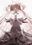  1girl closed_eyes dress gloves hair_ribbon highres kaname_madoka light_particles long_hair mahou_shoujo_madoka_magica misteor own_hands_together pink_hair praying ribbon simple_background solo two_side_up ultimate_madoka very_long_hair white_dress white_gloves 