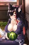  1girl absurdres animal_ear_fluff animal_ears black_hair blush breasts cleavage collarbone fang food fruit hair_between_eyes hair_ornament highres holding holding_food holding_fruit hololive huge_breasts long_hair looking_at_viewer mee_don multicolored_hair ookami_mio open_mouth red_hair solo streaked_hair sweat tail tail_wrap two-tone_hoodie virtual_youtuber watermelon wolf_ears wolf_girl wolf_tail yellow_eyes 