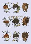  1girl 2boys animal_ears black_eyes black_hair brown_coat brown_hair brown_raincoat chibi closed_mouth coat e.g.o_(project_moon) fox_boy fox_ears fox_girl fox_tail gapamopa heathcliff_(limbus_company) highres hood hood_down hood_up hooded_coat limbus_company messy_hair multiple_boys outis_(limbus_company) project_moon purple_eyes simple_background sparkle tail umbrella white_background white_coat white_raincoat yellow_eyes yi-sang_(limbus_company) 