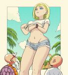  1girl 2boys absurdres android_18 bald beard blonde_hair blue_eyes breasts bulging_eyes cloud commentary dinosaur dragon_ball dragon_ball_z eye_pop facial_hair giant giantess groin highres kuririn medium_breasts micro_shorts multiple_boys muten_roushi navel old old_man palm_tree pink_mousse pointing shorts sunglasses sweat tree turtle_shell underboob undersized_clothes watch wristwatch 
