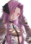  1girl armor clothing_cutout collar commentary eyes_visible_through_hair fate/grand_order fate_(series) forehead gauntlets glowing glowing_eyes hair_ornament highres kdm_(ke_dama) long_hair looking_at_viewer medusa_(fate) medusa_(saber)_(fate) parted_lips pink_hair red_eyes shoulder_armor simple_background solo straight_hair very_long_hair white_background 