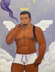  1boy above_clouds abs acrylic_paint_(medium) angel angel_wings bara beard beard_stubble bulge cigarette cloud dark-skinned_male dark_skin expressionless facial_hair fake_halo fake_wings feet_out_of_frame halo highres holding holding_cigarette large_pectorals long_sideburns male_focus mature_male muscular muscular_male navel navel_hair nipples original painting_(medium) pectorals short_hair shorts sideburns sky smoke_trail smoking solo standing star_(sky) starry_sky stomach thick_eyebrows thick_thighs thighs topless_male torajiro_art traditional_media white_shorts wings 