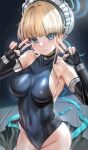 1girl asymmetrical_hair bangs bare_shoulders black_gloves black_leotard blonde_hair blue_archive blue_leotard blue_ribbon blunt_bangs blush breasts bun_cover closed_mouth covered_collarbone covered_navel double_v elbow_gloves expressionless fingerless_gloves gloves groin hair_bun hair_intakes hair_ribbon halo hands_up highleg highleg_leotard highres leotard light_particles looking_at_viewer maid_headdress medium_breasts microphone qian_wu_atai ribbon short_hair sideboob solo tile_floor tiles toki_(blue_archive) turtleneck_leotard two-tone_leotard v 