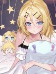  1girl adolescence_(vocaloid) adolescent_princess_(module) ahoge aqua_eyes blonde_hair blue_eyes blush camisole collarbone commentary dress elpuchi frilled_camisole frills hair_ornament hairclip hairpin highres holding holding_pillow kagamine_len kagamine_rin on_bed pillow puckered_lips purple_background short_hair sitting sleeveless sleeveless_dress solo spaghetti_strap star_(symbol) stuffed_toy t_t vocaloid white_camisole x_hair_ornament 