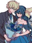  1boy 1girl absurdres asymmetrical_wings bare_shoulders blue_dress blue_flower blue_hair blue_necktie blue_rose bouquet breasts cleavage collarbone couple dizzy_(guilty_gear) dress flower formal guilty_gear hair_rings highres holding holding_bouquet husband_and_wife ktknpdy ky_kiske long_hair necktie official_alternate_costume red_eyes ribbon rose short_hair simple_background suit tail tail_ornament tail_ribbon twintails white_background wings 