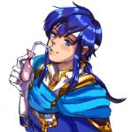  1girl blue_eyes blue_hair drinking_from_condom drinking_straw facing_to_the_side fire_emblem fire_emblem:_genealogy_of_the_holy_war gloves headband leifbel looking_at_viewer ponytail seliph_(fire_emblem) smile solo upper_body white_gloves yaoi 
