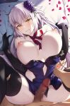  1boy 1girl bare_shoulders black_gloves black_thighhighs blush breasts cleavage command_spell elbow_gloves fate/grand_order fate_(series) gloves hair_ornament highres imminent_penetration jeanne_d&#039;arc_alter_(avenger)_(fate) jeanne_d&#039;arc_alter_(fate) large_breasts long_hair looking_at_viewer lying nipples on_back parted_lips petals pillow pov solo_focus spread_legs thighhighs thighs tsuki_tokage white_hair yellow_eyes 