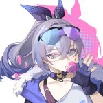  1girl absurdres black_gloves black_jacket blue-tinted_eyewear chewing_gum crossed_bangs eyewear_on_head fingerless_gloves fur-trimmed_jacket fur_trim gloves grey_eyes grey_hair hair_between_eyes highres honkai:_star_rail honkai_(series) jacket long_hair looking_at_viewer ponytail purple-tinted_eyewear shadow shirt sidelocks silver_wolf_(honkai:_star_rail) simple_background single-shoulder_shirt single_sidelock solo tinted_eyewear tutou_jiang upper_body white_background white_shirt 