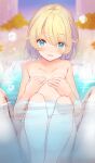  1boy 1girl ahoge bath bathing bathtub blonde_hair blue_eyes blush breasts collarbone completely_nude covering covering_breasts covering_nipples embarrassed eyes_visible_through_hair highres komone_ushio looking_at_viewer mixed_bathing navel nude nude_cover open_mouth original partially_submerged pov shared_bathing short_hair sitting small_breasts swept_bangs water wet 