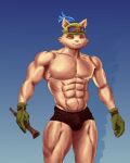  2022 abs anthro big_muscles blue_background bulge clothed clothing dingo_dongo eyes_closed eyewear gloves goggles green_clothing green_gloves green_handwear green_hat green_headwear handwear hat headgear headwear hi_res league_of_legends male muscular muscular_anthro muscular_male navel pecs riot_games simple_background smile solo standing teemo_(lol) topless yordle 