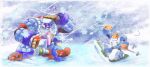  3boys angry blizzard_man commentary cup english_commentary frost_man hat helmet highres holding holding_cup holding_snowboard male_focus mega_man_(character) mega_man_(classic) mega_man_(series) mega_man_6 mega_man_8 multiple_boys no_mouth nongura outdoors robot ski_pole snow snowboard 