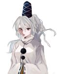  1girl black_ribbon blue_headwear breasts closed_mouth commentary expressionless grey_eyes grey_hair hands_in_opposite_sleeves hat highres hookiirn japanese_clothes kariginu lips long_bangs long_hair long_sleeves looking_at_viewer medium_breasts mononobe_no_futo neck_ribbon pom_pom_(clothes) ponytail ribbon ribbon-trimmed_sleeves ribbon_trim simple_background sleeves_past_fingers sleeves_past_wrists solo tate_eboshi touhou upper_body white_background wide_sleeves 