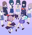  6+girls aqua_hair arm_at_side bangs black_hair black_serafuku black_skirt black_suit blocking blue_hair blue_neckerchief blue_sailor_collar blue_skirt blunt_bangs bob_cut brown_footwear brown_hair cellphone chibikki colored_inner_hair commentary duel english_commentary faceless fighting formal gradient_background highres holding holding_keyboard_(computer) holding_phone keyboard_(computer) kneehighs light_brown_hair long_hair long_sleeves medium_hair multicolored_hair multiple_girls nanako_(chibikki) neckerchief original phone pink_background pixel_art plaid plaid_skirt pleated_skirt purple_background sailor_collar school_uniform serafuku shoes short_hair short_sleeves simple_background skirt smartphone socks standing suit symbolism thighhighs two-tone_background two-tone_hair white_sailor_collar white_serafuku white_socks white_thighhighs wifi_symbol yellow_serafuku 