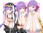  3girls animal_hood bare_shoulders bb_(fate) bb_(fate/extra) belt_collar bikini black_bikini black_jacket blue_bow blue_eyes blush bow breast_envy breasts choker claw_(weapon) claws cleavage collar collarbone fate/extra fate/extra_ccc fate/grand_order fate_(series) gigantic_breasts gradient_background hair_ribbon halterneck hanging_breasts highres hood hood_up huge_breasts jacket kitajima_yuuki leaning_forward long_hair long_sleeves looking_at_viewer medium_breasts meltryllis_(fate) meltryllis_(swimsuit_lancer)_(fate) meltryllis_(swimsuit_lancer)_(first_ascension)_(fate) multiple_girls navel o-ring open_mouth passionlip_(fate) penguin_hood pink_background pink_eyes pink_ribbon prosthesis prosthetic_leg purple_eyes purple_hair purple_ribbon red_ribbon revision ribbon sagging_breasts sleeves_past_fingers sleeves_past_wrists smile swimsuit thighs very_long_hair weapon 